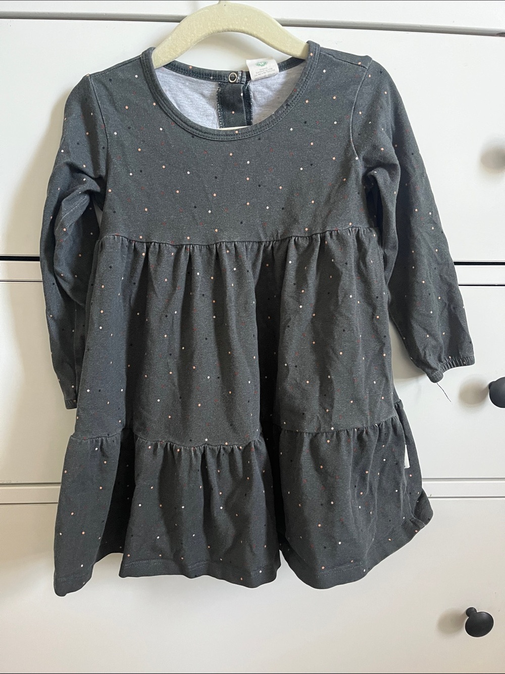 Girls' Charcoal Grey Long Sleeve Tiered Dress with Pink Dot Accents